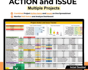 Multi Project Action Tracker | Project Management Excel | Action Item Tracker | Issue Tracker | Issue Log | Project Task Tracker