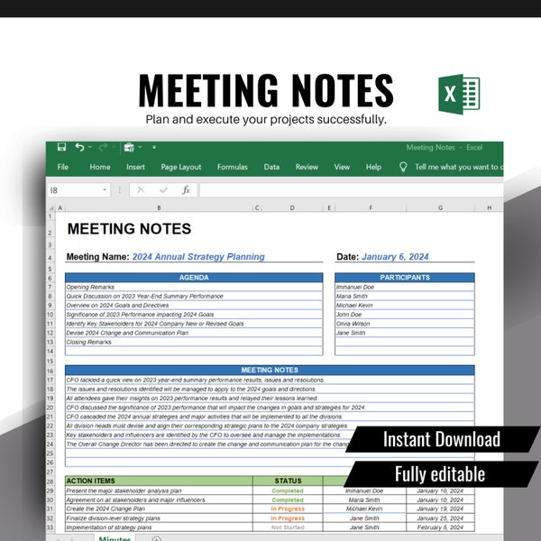 Meeting Notes, Meeting Minutes, Agenda, Editable Meeting Notes, Meeting Template, Weekly meeting, Action Items, Team Meeting, Excel