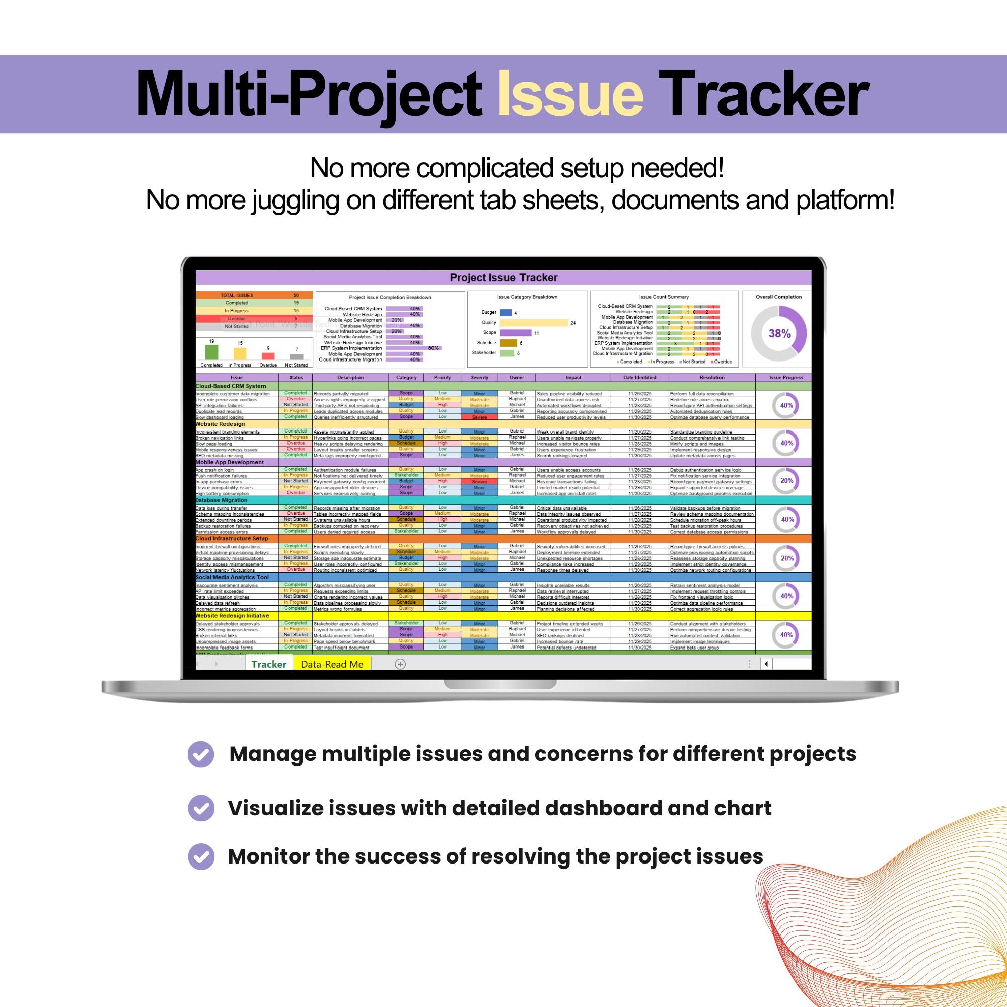 Project Problem Tracker Multi Project Action Tracker | Project Management Excel | Action Item ...