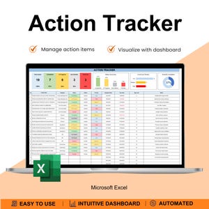 Rastreador de acciones, Rastreador de acciones en Excel, Hoja de cálculo de elementos de acción, Plan de acción, Registro de acciones, Rastreador de acciones de gestión de proyectos, Tarea del proyecto