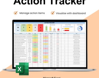 May include: A laptop screen displaying an Action Tracker spreadsheet in Microsoft Excel. The interface includes a summary dashboard with status counts, a bar chart, and a pie chart, alongside a detailed table of tasks with color-coded status columns.