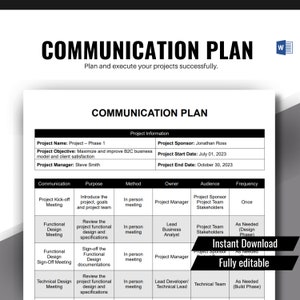 Communication Plan template, Project Management, Project Template, Project Plan, Project Communication, MS Word, Instant Download, Editable