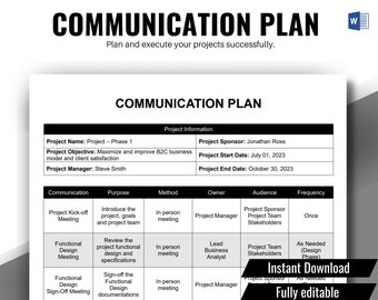Communication Plan template, Project Management, Project Template, Project Plan, Project Communication, MS Word, Instant Download, Editable
