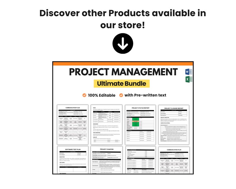 Op de afbeelding: Een digitale download van een bundel projectmanagement sjablonen. De bundel bevat een communicatieplan, een software testplan, een projectcharter, een projectstatusrapport en een project afsluitrapport. De sjablonen zijn 100% bewerkbaar en bevatten vooraf geschreven tekst.