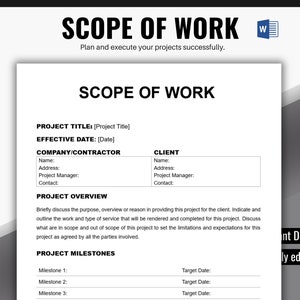 Plantilla de alcance de trabajo, declaración de trabajo, plantilla de SOW, gestión de proyectos, contrato con proveedores, alcance del proyecto, MS Word