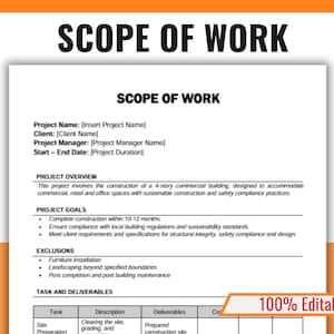 Plantilla de alcance de trabajo, declaración de trabajo, plantilla de SOW, gestión de proyectos, contrato con proveedores, alcance del proyecto, MS Word