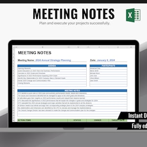 May include: A computer screen displaying a spreadsheet with the title "Meeting Notes" and the text "2024 Annual Strategy Planning". The spreadsheet includes sections for agenda, participants, meeting notes, action items, status, owner, and target date.