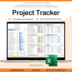 Puede incluir: Una plantilla digital de seguimiento de proyectos en una pantalla de portátil, con tablas para sistemas CRM, rediseño de sitios web y desarrollo de aplicaciones. Incluye barras de progreso, estados de tareas y fechas.