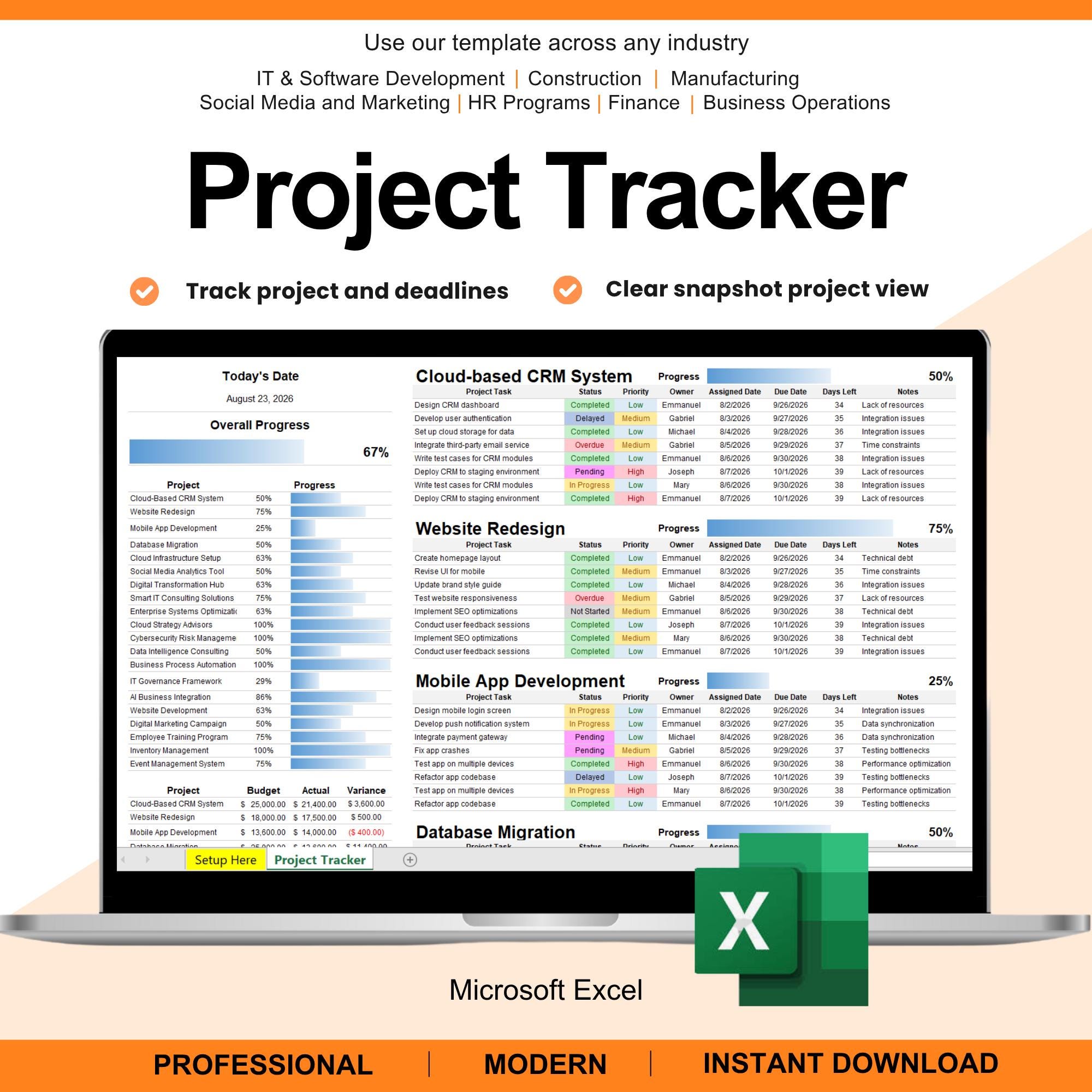 Project Management Excel, Project Manager, Project Planner, Project Management Excel, Project Tracker, Project Management Spreadsheet