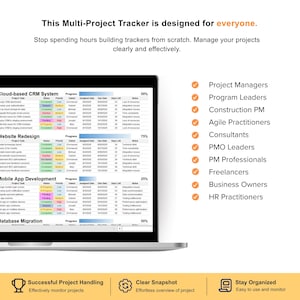 May include: A laptop screen displaying a multi-project tracker spreadsheet with columns for task, status, priority, owner, date, and notes. The text reads: This Multi-Project Tracker is designed for everyone. Stop spending hours building trackers from scratch.