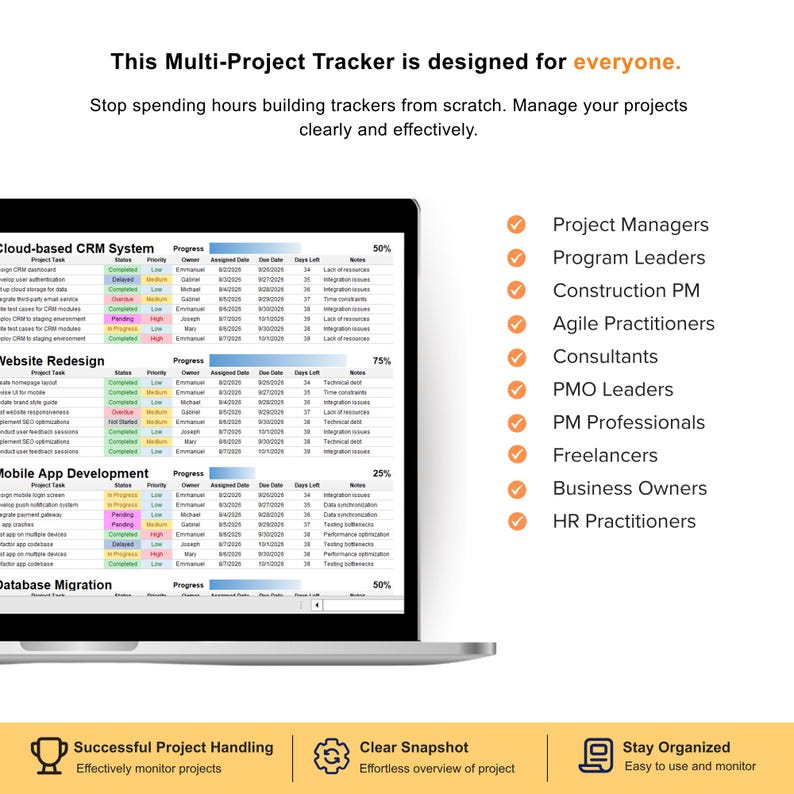 May include: A laptop screen displaying a multi-project tracker spreadsheet with columns for task, status, priority, owner, date, and notes. The text reads: This Multi-Project Tracker is designed for everyone. Stop spending hours building trackers from scratch.