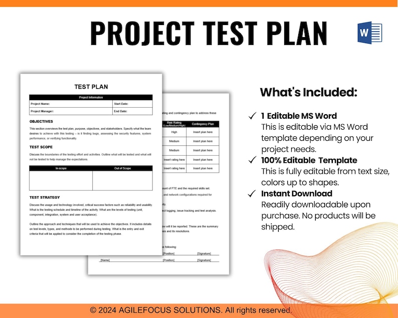 Op de afbeelding: Een afdrukbare projecttestplan-sjabloon in een Microsoft Word-document. De sjabloon bevat secties voor doelstellingen, testbereik en teststrategie. Het document is volledig bewerkbaar en bevat een checklist van wat er is inbegrepen.