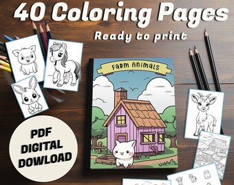 May include: A digital download of 40 coloring pages featuring farm animals. The cover shows a cartoon house with a cat in front of it. The text "Farm Animals" is on the cover. The pages are in DIN A4 format.