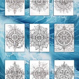 May include: Nine black and white compass rose designs on white backgrounds, each with unique decorative elements like floral patterns and swirling lines. The images are set against a backdrop of stylized blue water.