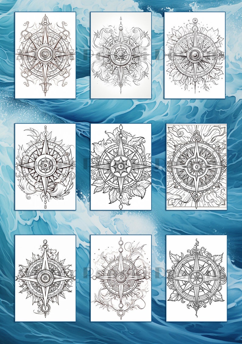 May include: Nine black and white compass rose designs on white backgrounds, each with unique decorative elements like floral patterns and swirling lines. The images are set against a backdrop of stylized blue water.