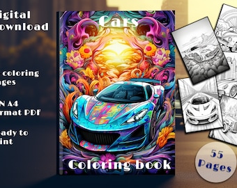 Cars Coloring Book PDF – 55 Printable Coloring Pages, Sports Cars & Mandalas, Art Therapy for Kids and Adults