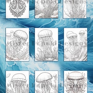 May include: A collection of black and white illustrations featuring marine life. The images showcase detailed drawings of jellyfish with flowing tentacles, an anchor, and other aquatic elements. The artwork is set against a backdrop of stylized blue waves.