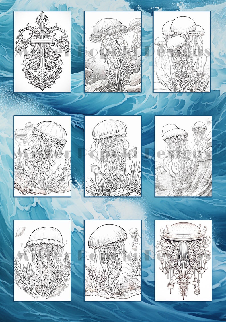 May include: A collection of black and white illustrations featuring marine life. The images showcase detailed drawings of jellyfish with flowing tentacles, an anchor, and other aquatic elements. The artwork is set against a backdrop of stylized blue waves.