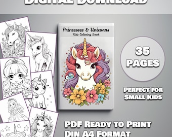 Princesses and Unicorns Coloring Book PDF – 35 Printable Coloring Pages for Kids, Fantasy Art Therapy