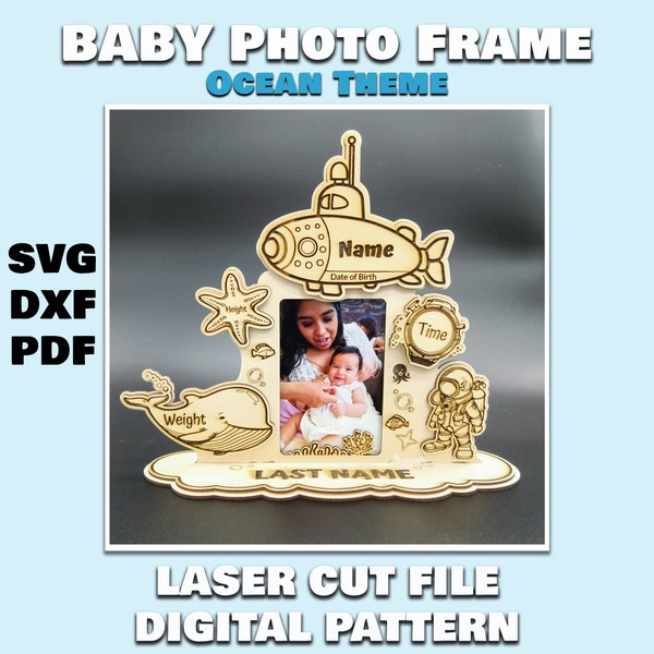 Photo frame. Child metrica. Laser cut files. Announcement photo frame, birth details. SVG files. Digital pattern. Ocean, Underwater pattern.