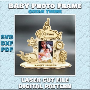 Fotorahmen. Kindermaße. Lasercut-Dateien. Ankündigungsfotorahmen, Geburtsdetails. SVG-Dateien. Digitales Schnittmuster. Ozean, Unterwasser Muster.