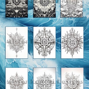 May include: A collection of nautical-themed art prints featuring detailed compass rose designs. The prints are in black and white, with varying backgrounds of waves, clouds, and celestial elements. The compasses are intricately drawn, showcasing a vintage aesthetic.