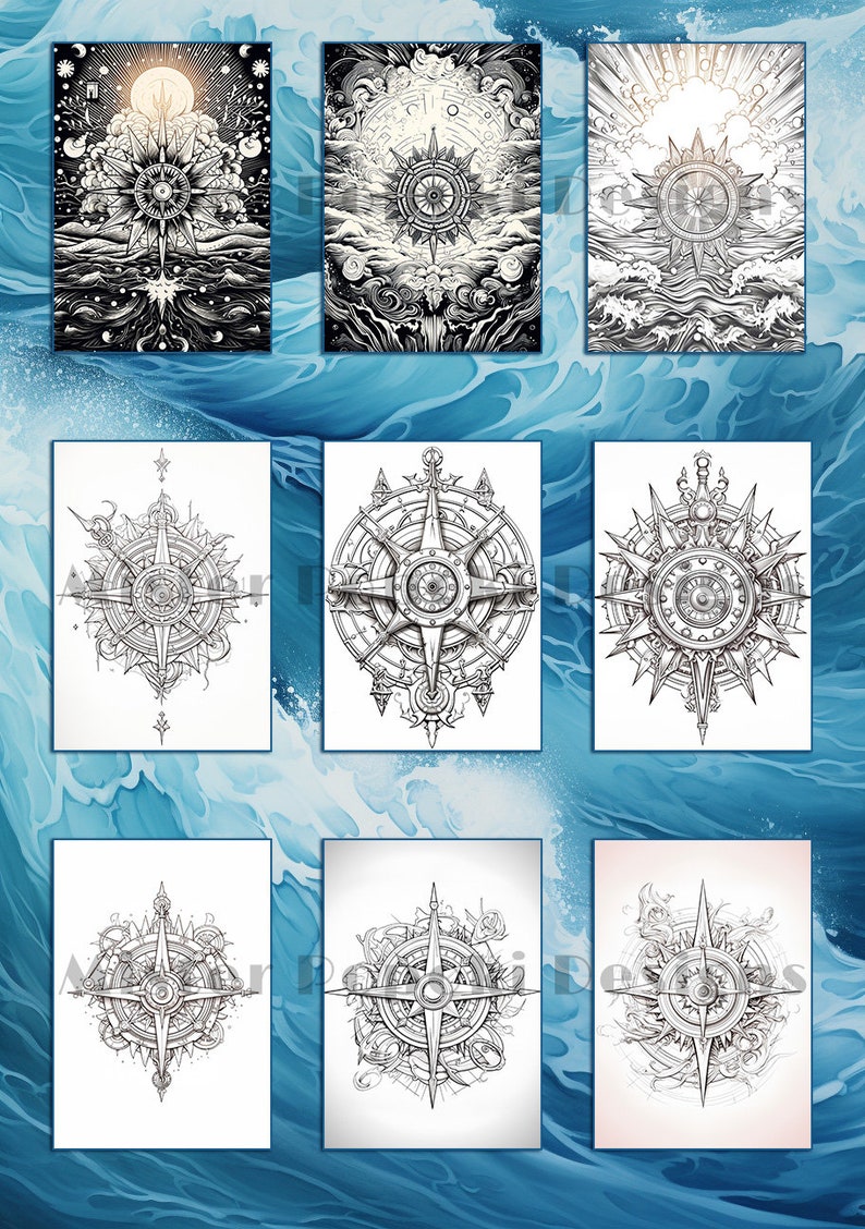 May include: A collection of nautical-themed art prints featuring detailed compass rose designs. The prints are in black and white, with varying backgrounds of waves, clouds, and celestial elements. The compasses are intricately drawn, showcasing a vintage aesthetic.