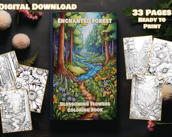 May include: A digital download coloring book with 33 pages featuring an enchanted forest with a stream running through it. The cover shows a colorful illustration of the forest with the title "Enchanted Forest Blossoming Flowers Coloring Book".