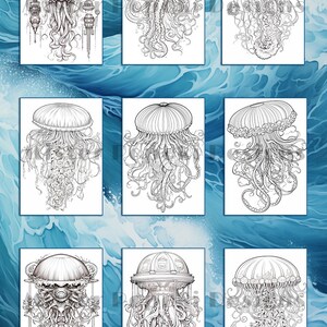 May include: Nine detailed black and white illustrations of jellyfish with intricate designs. Each jellyfish has a unique style, with varying tentacle patterns and bell shapes. The background features a blue and white wave pattern.