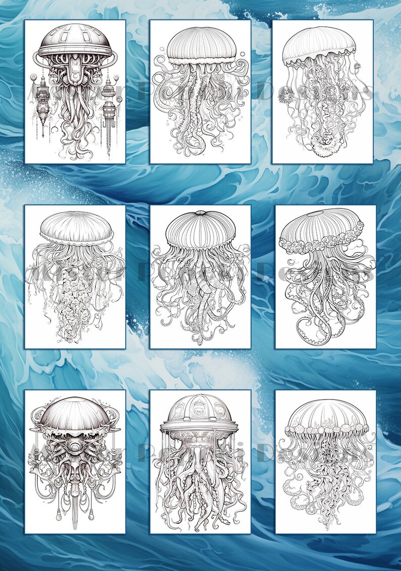 May include: Nine detailed black and white illustrations of jellyfish with intricate designs. Each jellyfish has a unique style, with varying tentacle patterns and bell shapes. The background features a blue and white wave pattern.