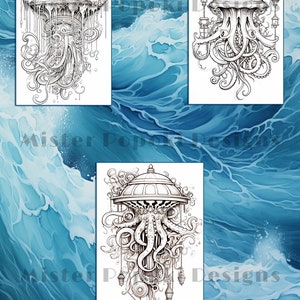 May include: Three black and white illustrations of steampunk jellyfish designs. Each jellyfish has a domed top with intricate mechanical details and tentacles. The background features a watercolor wash of blue ocean waves.