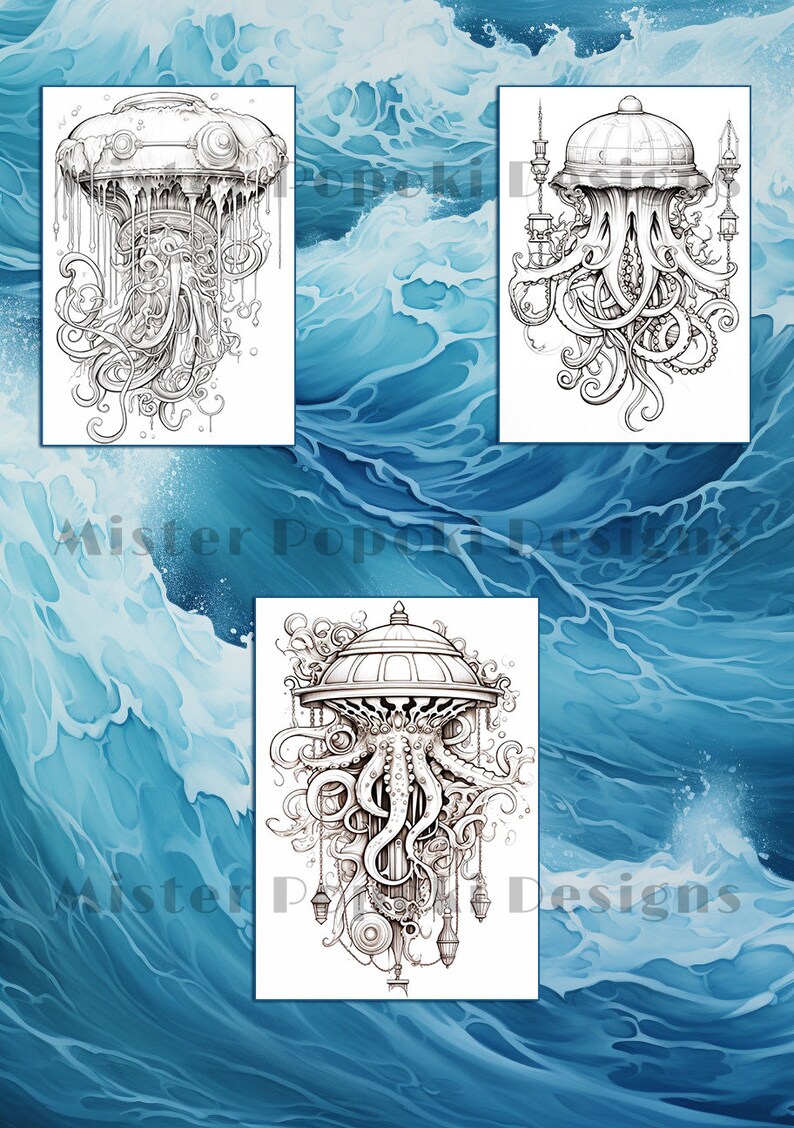 May include: Three black and white illustrations of steampunk jellyfish designs. Each jellyfish has a domed top with intricate mechanical details and tentacles. The background features a watercolor wash of blue ocean waves.
