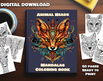 May include: A digital download coloring book featuring 60 pages of animal head mandalas. The cover features a colorful fox head mandala with intricate details. The book is ready to print.