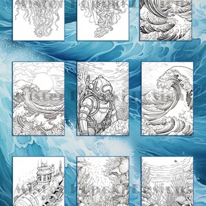 May include: A collection of black and white illustrations featuring marine life and underwater scenes. The images include jellyfish, ocean waves, a diver, a submarine, and coral reefs, all rendered in a detailed, artistic style. The background is a watercolor-style ocean.
