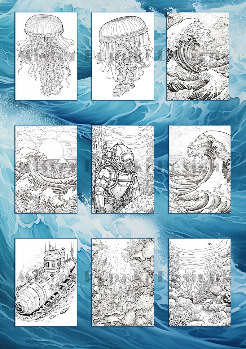 May include: A collection of black and white illustrations featuring marine life and underwater scenes. The images include jellyfish, ocean waves, a diver, a submarine, and coral reefs, all rendered in a detailed, artistic style. The background is a watercolor-style ocean.