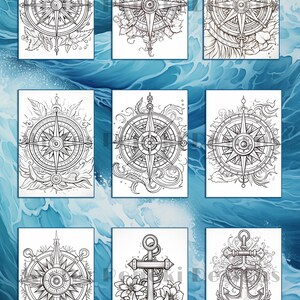 May include: A collection of nine black and white nautical-themed illustrations. The designs feature compass roses, anchors, and floral elements. The artwork is set against a backdrop of stylized blue waves, creating a cohesive maritime theme.