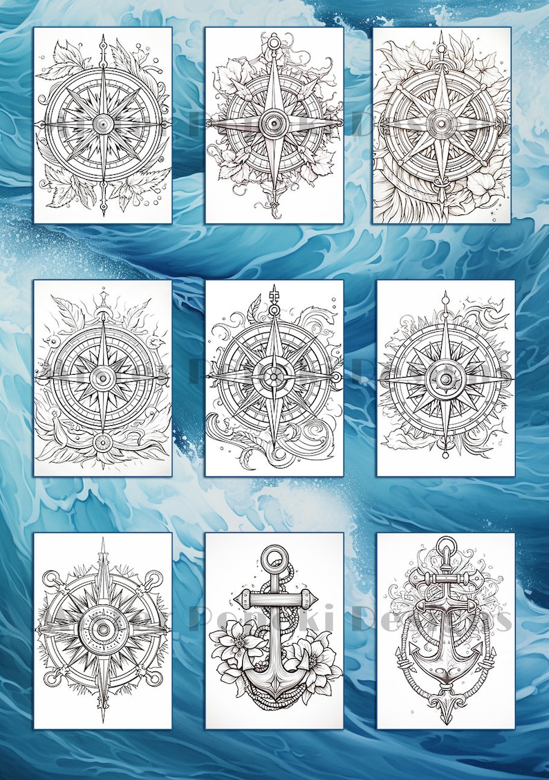 May include: A collection of nine black and white nautical-themed illustrations. The designs feature compass roses, anchors, and floral elements. The artwork is set against a backdrop of stylized blue waves, creating a cohesive maritime theme.