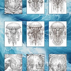 May include: Collection of black and white art prints featuring intricate illustrations. The prints depict various scenes, including stylized jellyfish, ocean waves, and underwater landscapes with castles and caves. The art style is detailed and fantastical.