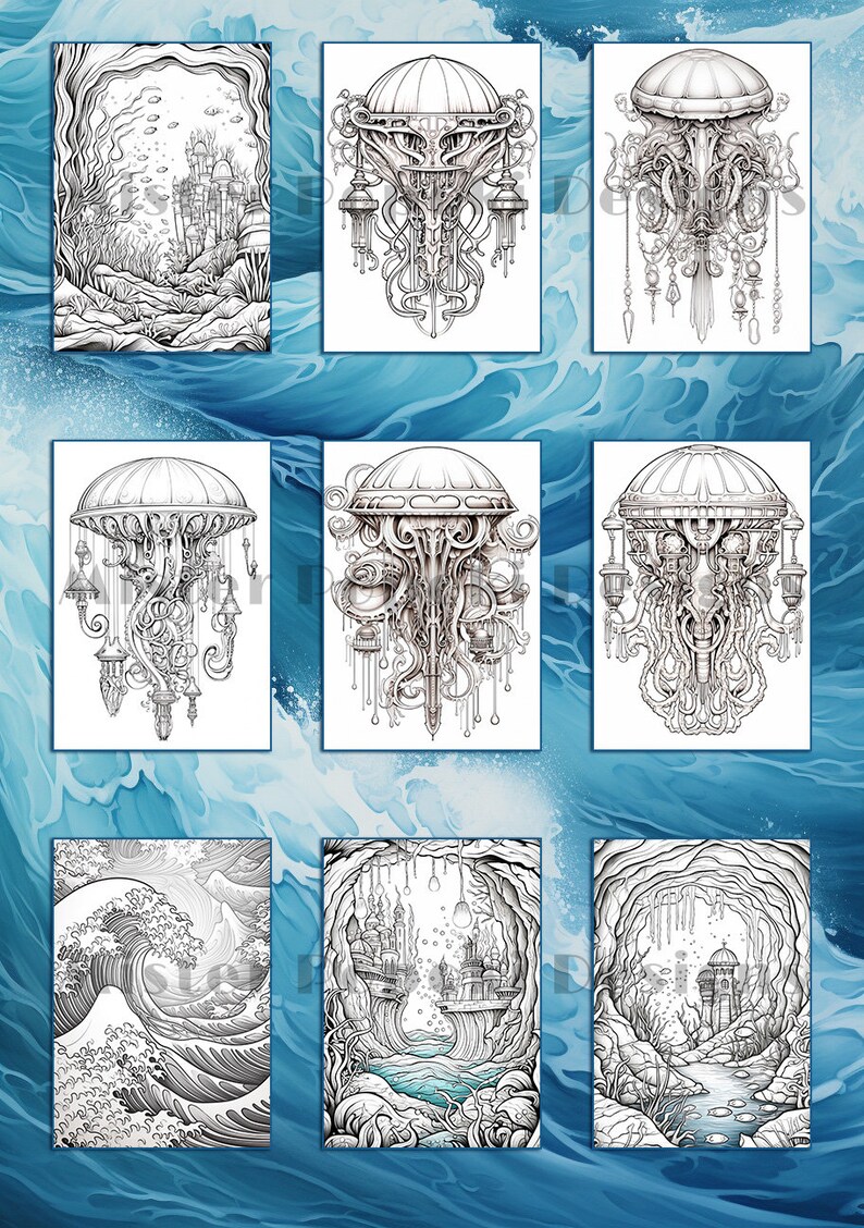 May include: Collection of black and white art prints featuring intricate illustrations. The prints depict various scenes, including stylized jellyfish, ocean waves, and underwater landscapes with castles and caves. The art style is detailed and fantastical.