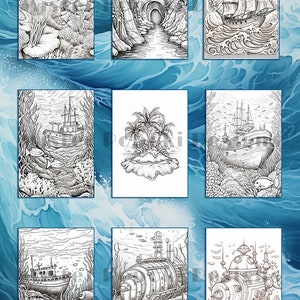 May include: A collection of nine black and white coloring pages featuring underwater scenes. The illustrations include a sailboat on the ocean, a submarine, a tropical island, and various marine life and underwater landscapes.