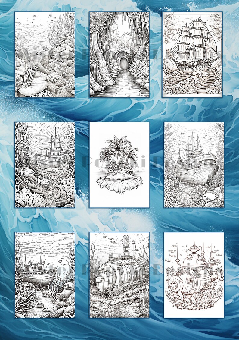 May include: A collection of nine black and white coloring pages featuring underwater scenes. The illustrations include a sailboat on the ocean, a submarine, a tropical island, and various marine life and underwater landscapes.