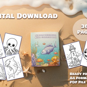 Unterwasser Malbuch PDF - 36 leicht druckbare Malseiten, Ozean-Thema Kunsttherapie für Kinder