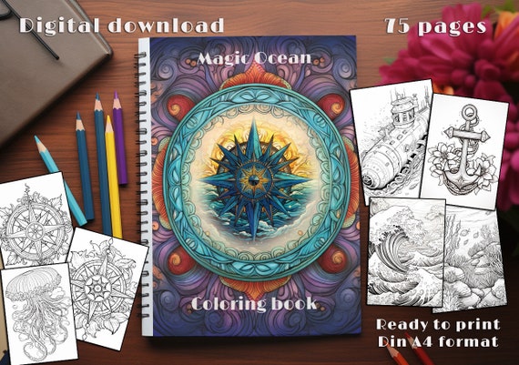 Ocean Coloring Book PDF – 75 Printable Coloring Pages with Magical Sea Life & Mandalas, Art Therapy for Adults