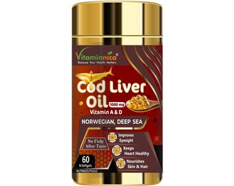 May include: A gold bottle of Vitaminnica Cod Liver Oil containing 1000 mg of Vitamin A & D. The bottle is labelled "Norwegian, Deep Sea" and lists benefits such as "Improves Eyesight", "Keeps Heart Healthy", and "Nourishes Skin & Hair".