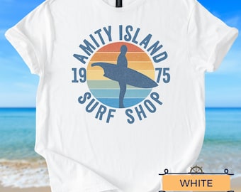 Vintage Amity Island Surf Shop 1975 Unisex Softstyle T-Shirt, Retro Beach Tee, Jaws Movie Fan Shirt, Ocean Waves Graphic Top, Coastal Summer