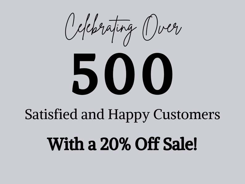 May include: A graphic celebrating over 500 satisfied and happy customers with a 20% off sale.