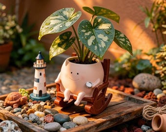 Leuke schommelstoelplanter met lachend gezicht | Grillige succulente pot van hars, pastoraal bureaudecor, kawaii plantenvaas | Cadeau voor plantenliefhebbers