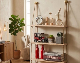 Touw hangende houten plank | Drijvende wandplank met 1, 2 of 3 niveaus | Boho plantenplank | Rustieke schommelplank | Slaapkamer Woonkamer Kinderkamerinrichting