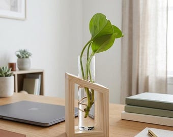 Glazen vaas met standaard houten lijst | Vermeerderingsstation planten | Vaas met enkele stekjes | Desktopterrariumdecor |Thuiskantoorcadeau