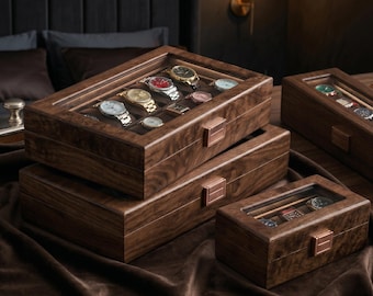 Premium houten horlogedoosopberger met glazen blad | Horlogekast van PU-leer voor heren, sieradenopberger heren, 3 6 10 12 slots, jubileumcadeau